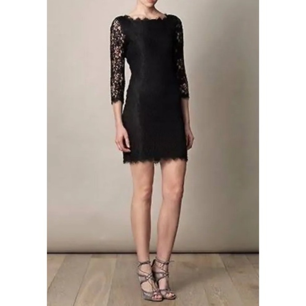 Diane Von Furstenburg Black Lace Overlay Dress Sz 2 Cocktail Wedding Guest LBD